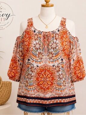 Boho Max Edition Orange Navy Multi-Print Cold-Shoulder Blouse 2X Beachy Coastal